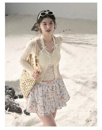 "Blooming Floral Reverie" Cream Ivory Floral A-Line Mini Skirt