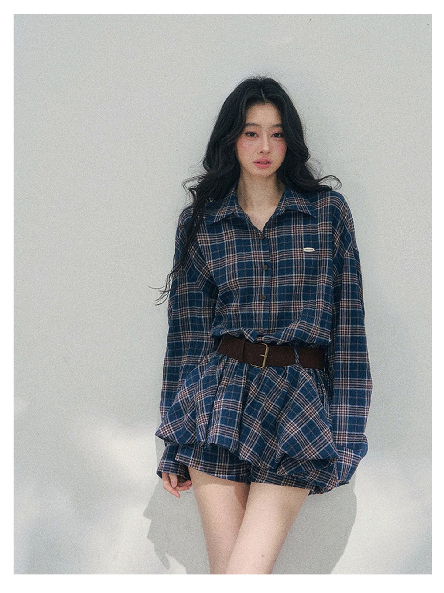 少也眼 “Rain Traces on Windowpanes” Polo-Collar Plaid Shirt Mini Dress 5286347