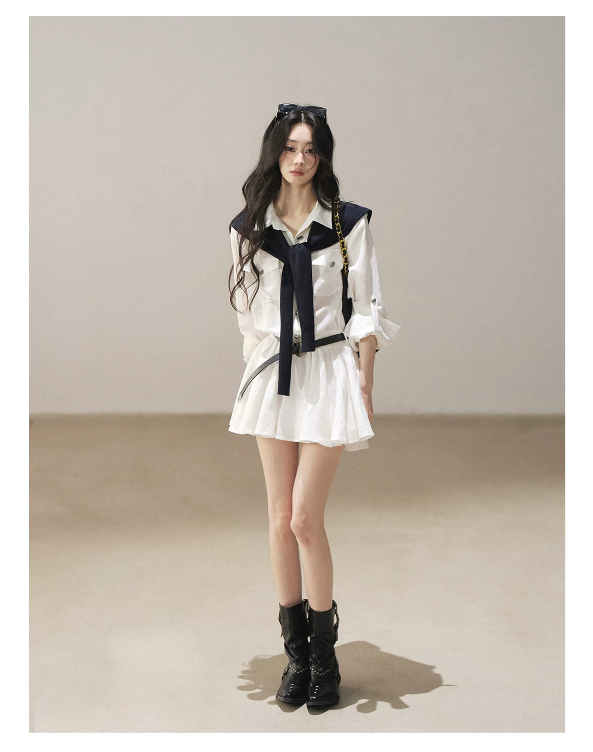 AOMALM - "Moonlight Sinks into the Sea" High-Intellect Utility Shirt Dress (Plain White / Navy Blue, with Belt & Optional Shawl)