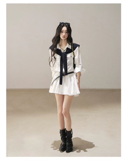 AOMALM - "Moonlight Sinks into the Sea" High-Intellect Utility Shirt Dress (Plain White / Navy Blue, with Belt & Optional Shawl)