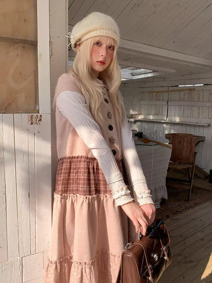 RF - Dusty Pink Patchwork Sleeveless A-Line Dress with Star Buttons