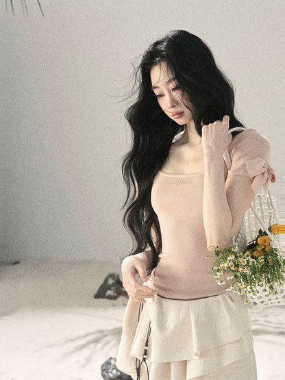 "Gentle Ocean Tide" Baby Pink Cutout Knit Crop Top 75511