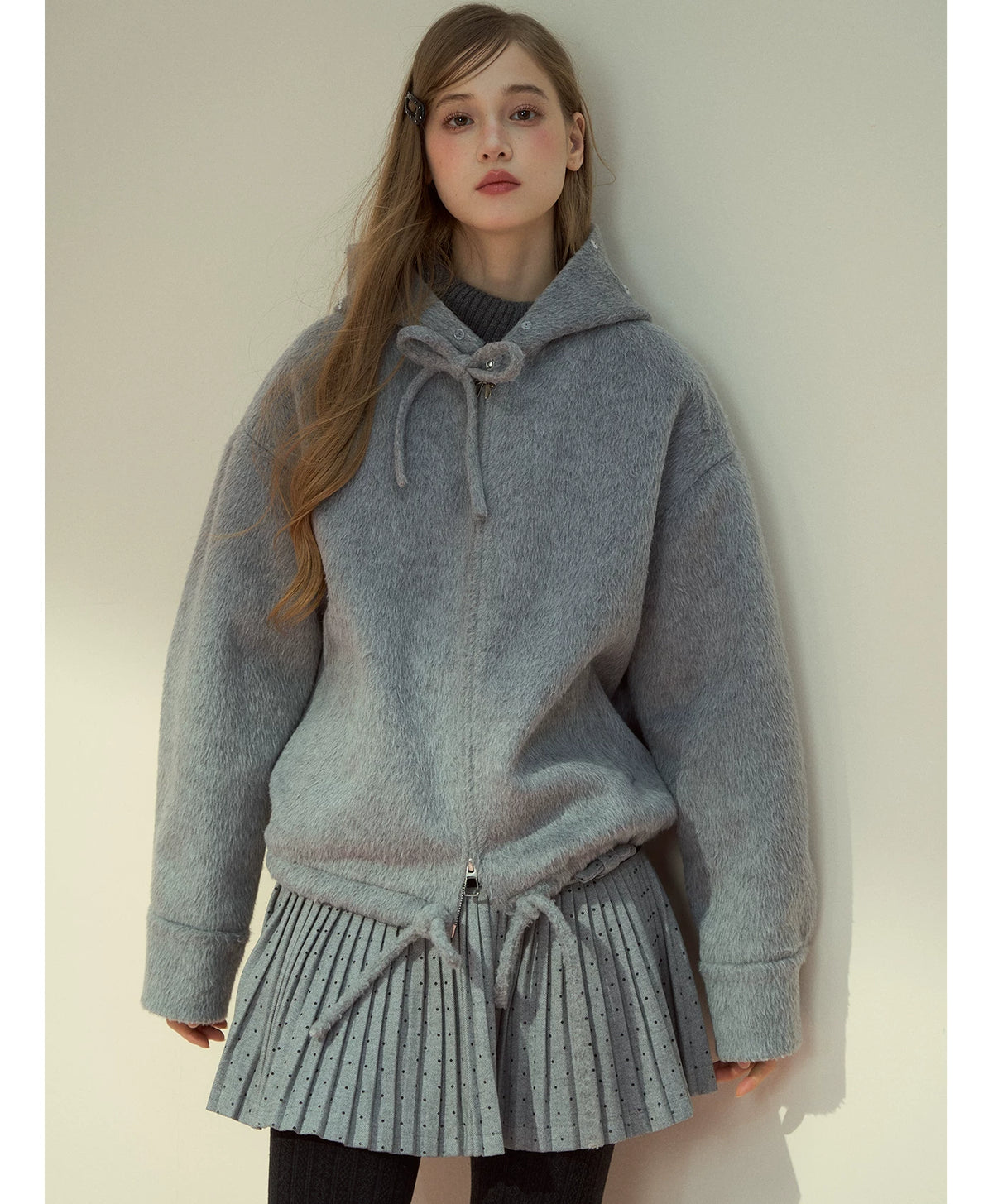 SunsetPark - "Warm Winter Days" Faux Fur Collar Wool-Blend Top Coat (Gray / Pink)