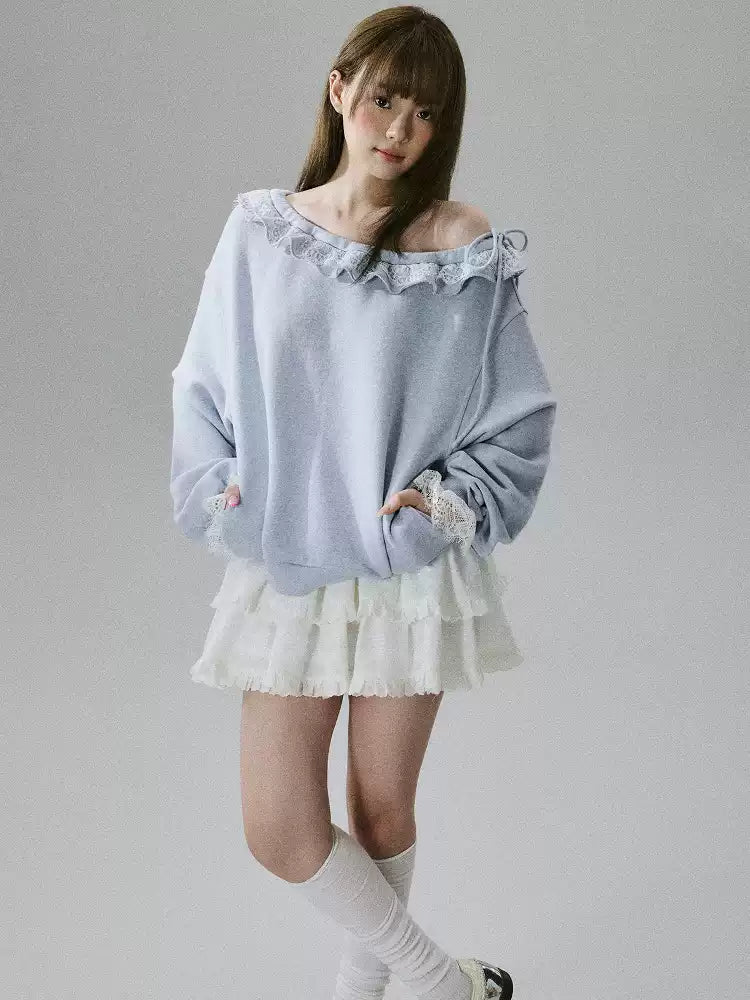 LOST FOREST - Heather Gray One-Shoulder Eyelash Lace Cotton Sweatshirt