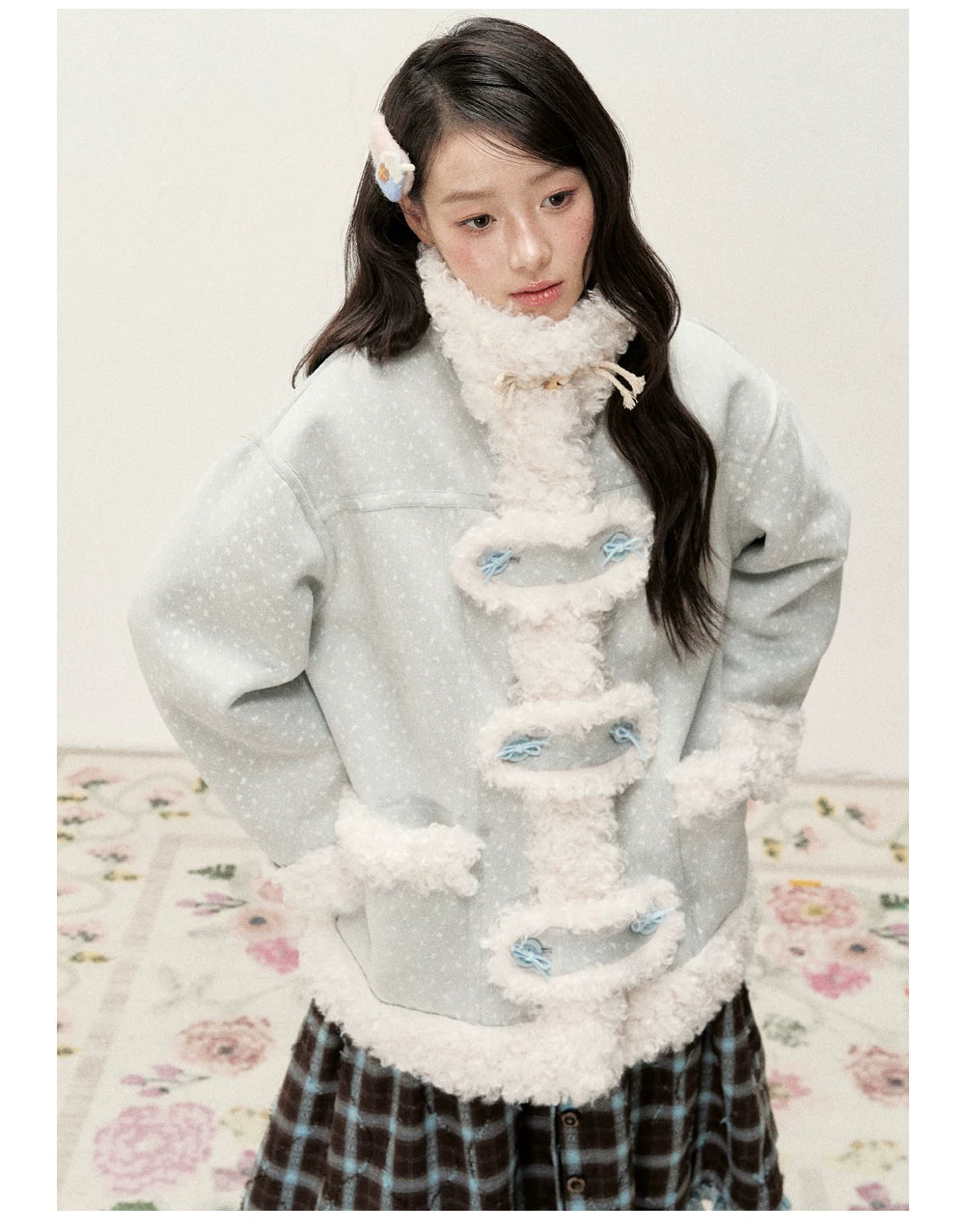 RF - Mist Blue Bow Print Suede-Look Jacket with Cream Curly Faux Fur Trim