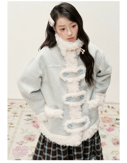 RF - Mist Blue Bow Print Suede-Look Jacket with Cream Curly Faux Fur Trim