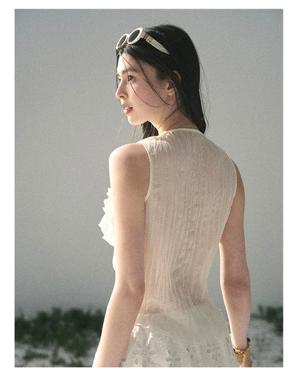 “Moonlight Through Sheer Veils” Ivory Ruffle Chiffon Blouse