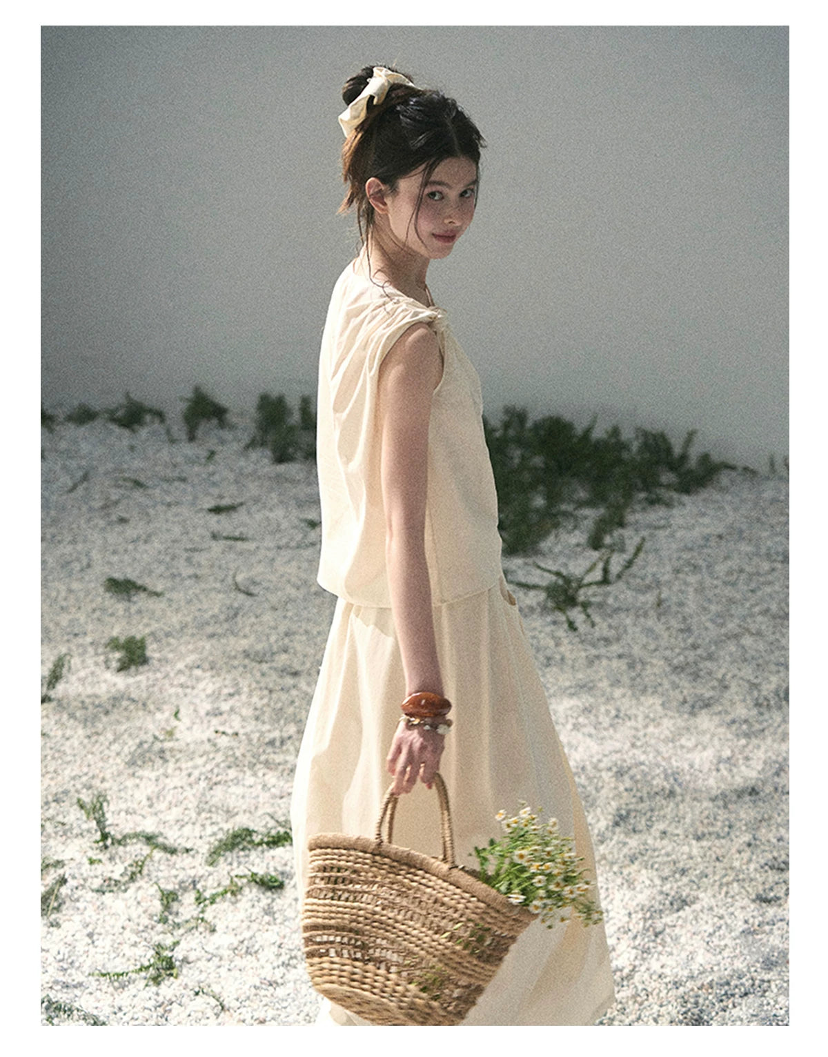 “Ivory Pleated Verse” Soft White Asymmetrical Twist Top & Skirt