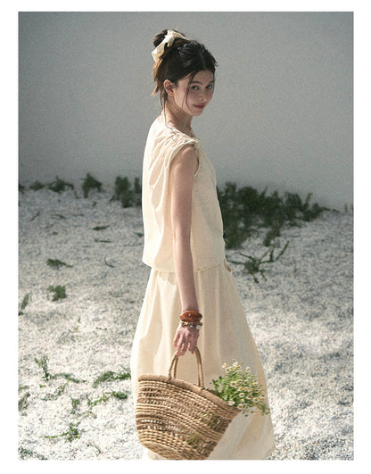 “Ivory Pleated Verse” Soft White Asymmetrical Twist Top & Skirt