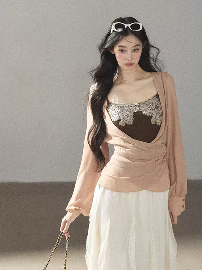 AOMALM - Cinnamon Blush Ruched Wrap Chiffon Top with Lace Cami Set