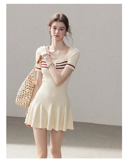"First Date" Ivory Square Neck Knit Pleated Mini Dress