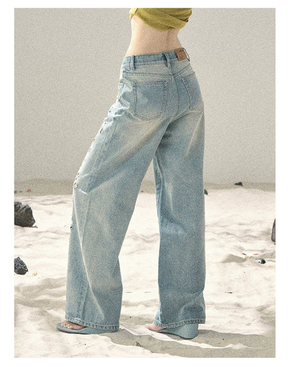 "Scent of Sea Salt" Vintage Blue Embroidered Wide-Leg Jeans 536843