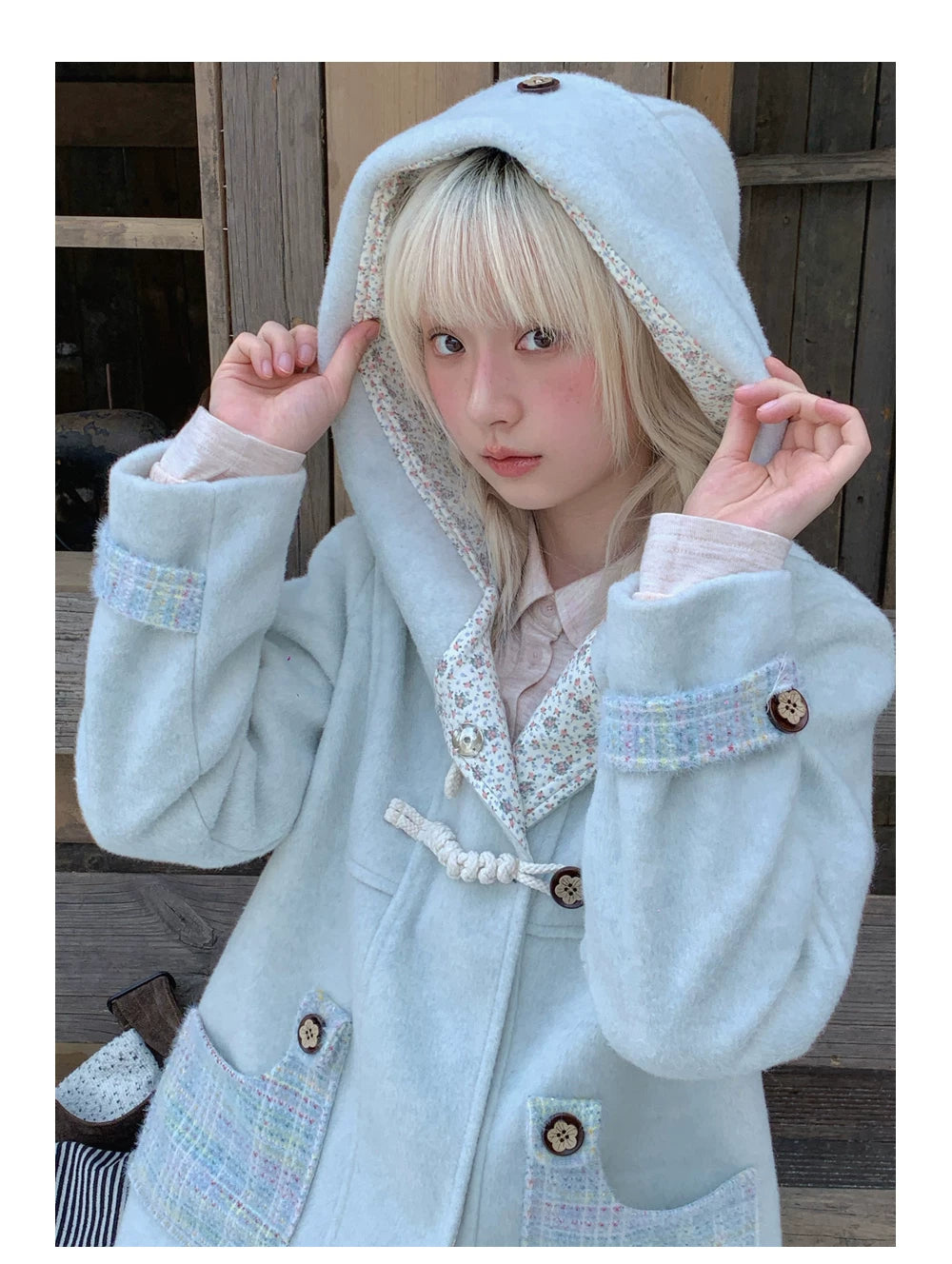 RF - Light Blue Plaid Mid-Length Wool-Blend Coat with Toggle Closures