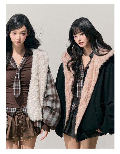 少也眼 “Pride & Prejudice” Reversible Oversize Jacket – Black & Blue Plaid