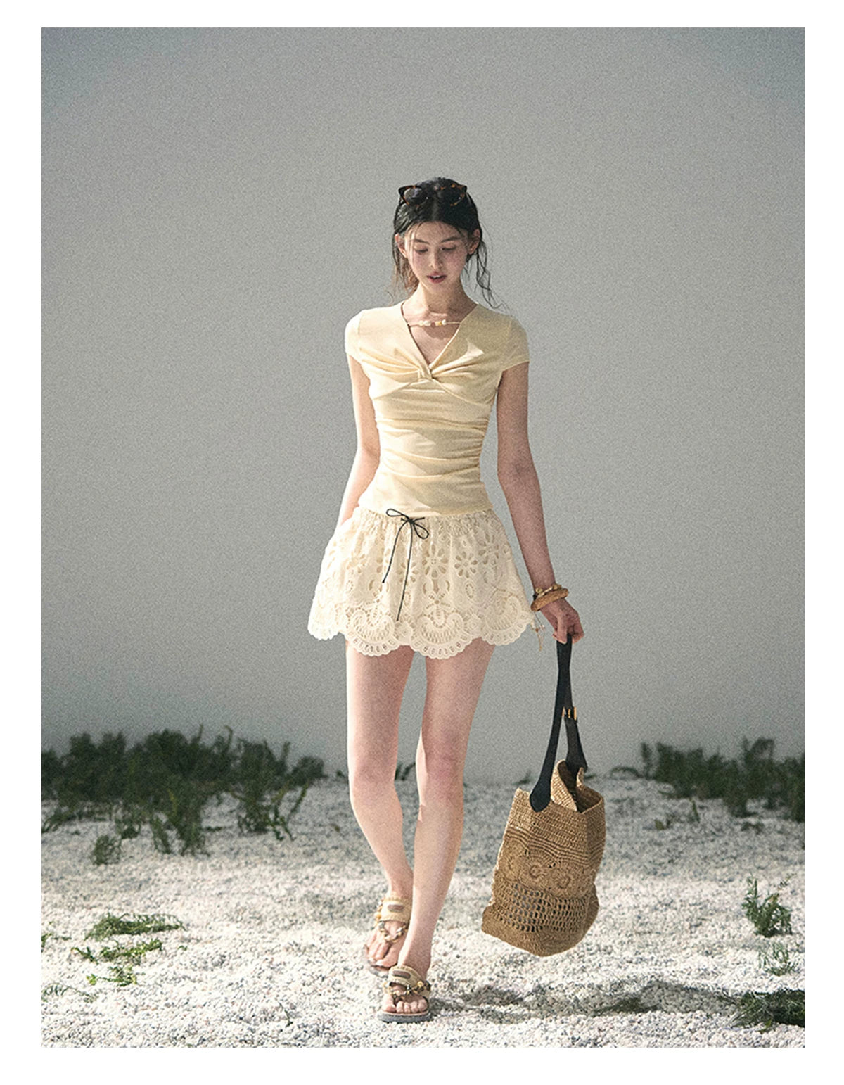 “Sheer Spring Whisper” Milkshake Yellow Twist V-Neck Top