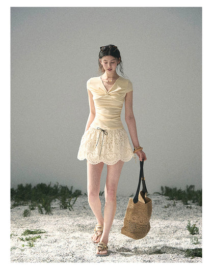 “Sheer Spring Whisper” Milkshake Yellow Twist V-Neck Top