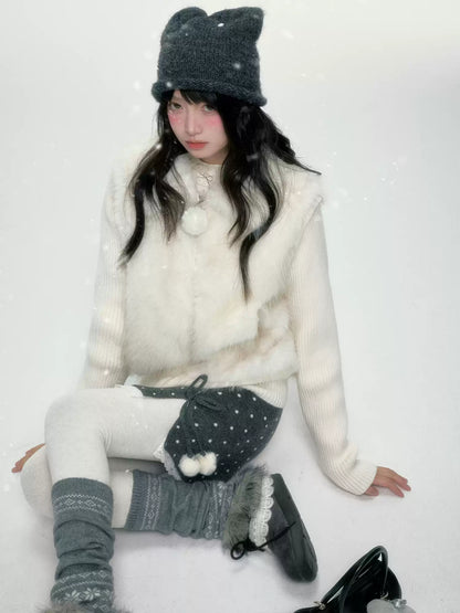 BIBIBENCY - Ivory Faux Fur Vest with Knit Sleeves