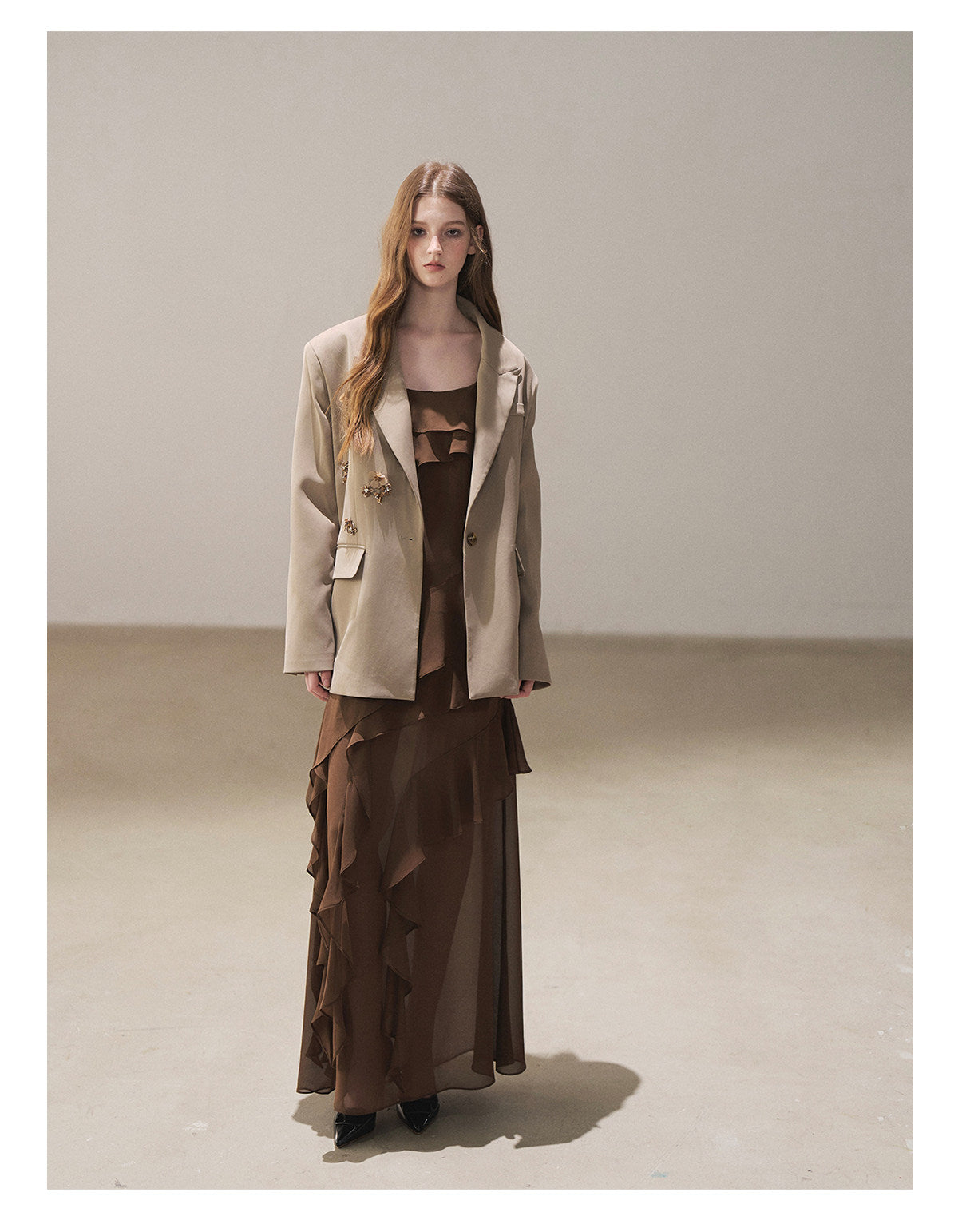 170726 "Whispers Beneath the Brown Skirt" Mocha Mousse Ruffle Cami Mini Dress + Gray Taupe Tailored Blazer