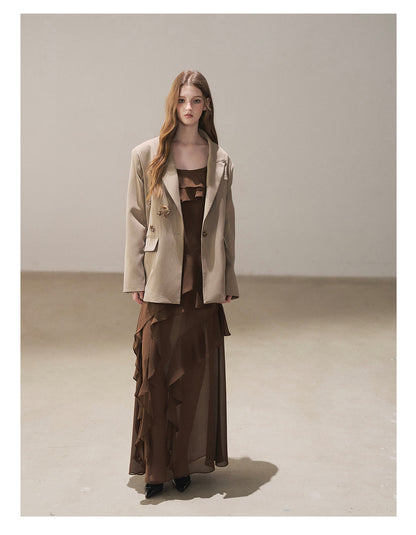 170726 "Whispers Beneath the Brown Skirt" Mocha Mousse Ruffle Cami Mini Dress + Gray Taupe Tailored Blazer
