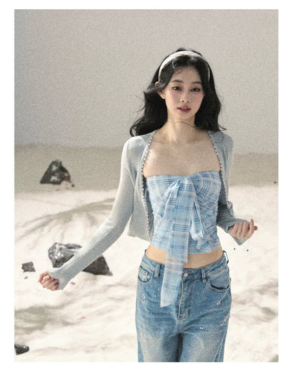 "Blue Danube Reverie" Mist Blue Bow Bandeau Crop Top & Cardigan Set 54638463