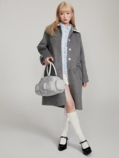 “Winter Cedar Lace Bow” Wool-Blend Loose-Shoulder Coat - Gray M6665