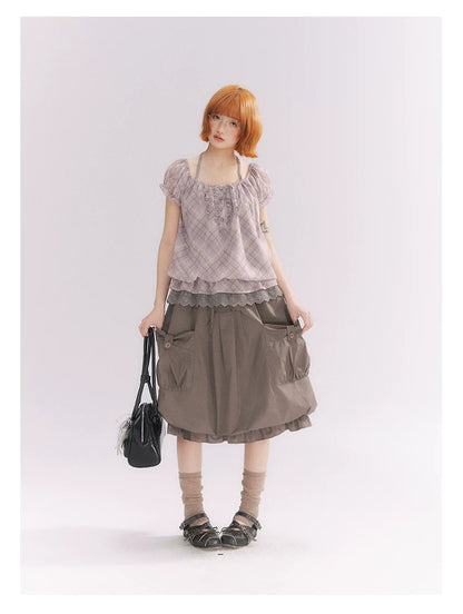 “Misty Plum Plaid” Gray-Purple Plaid Lace Trim Halter Top