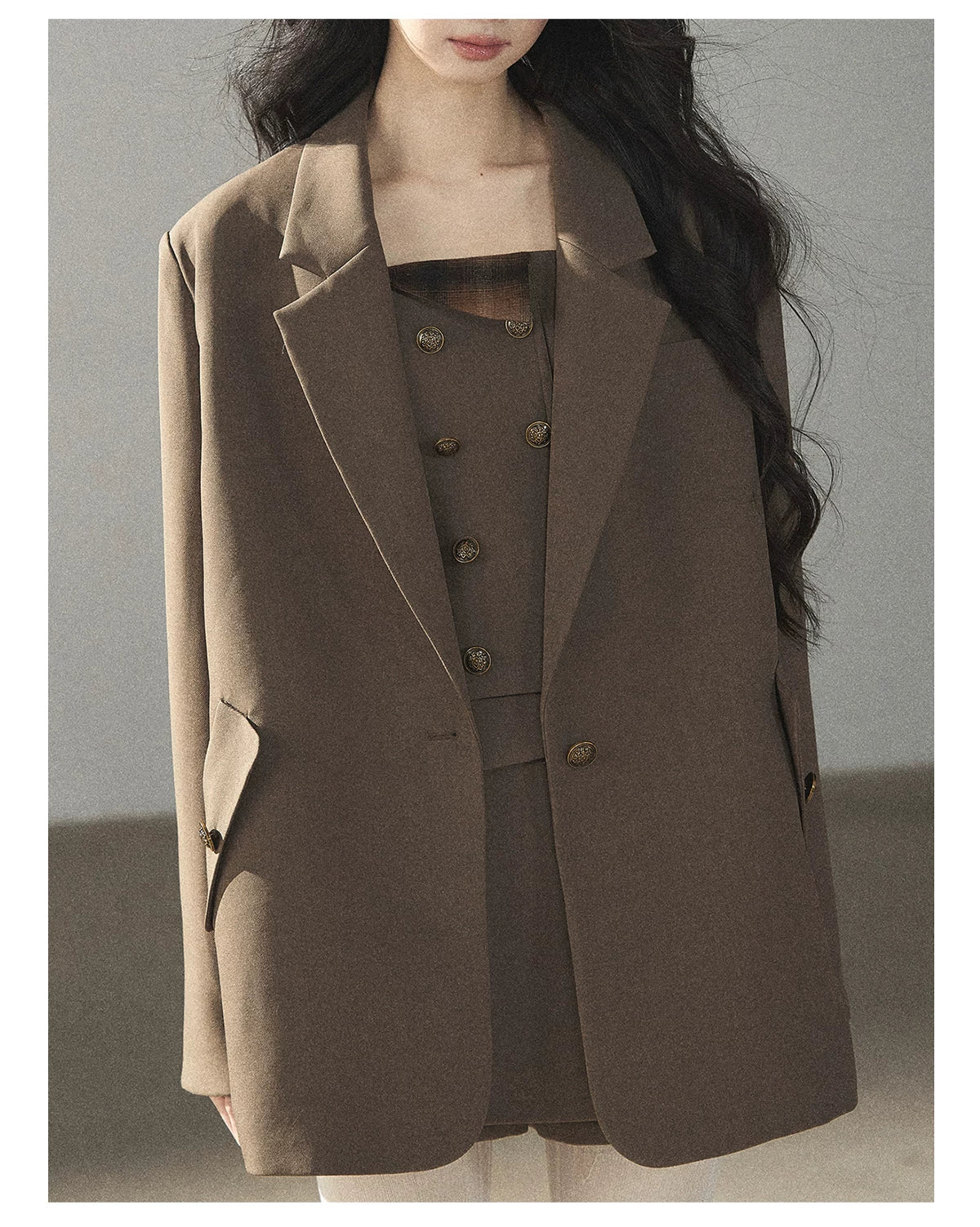 AOMALM - “Evening Breeze in the Valley” Chestnut Brown Blazer, Cami & Pleated Skort Set