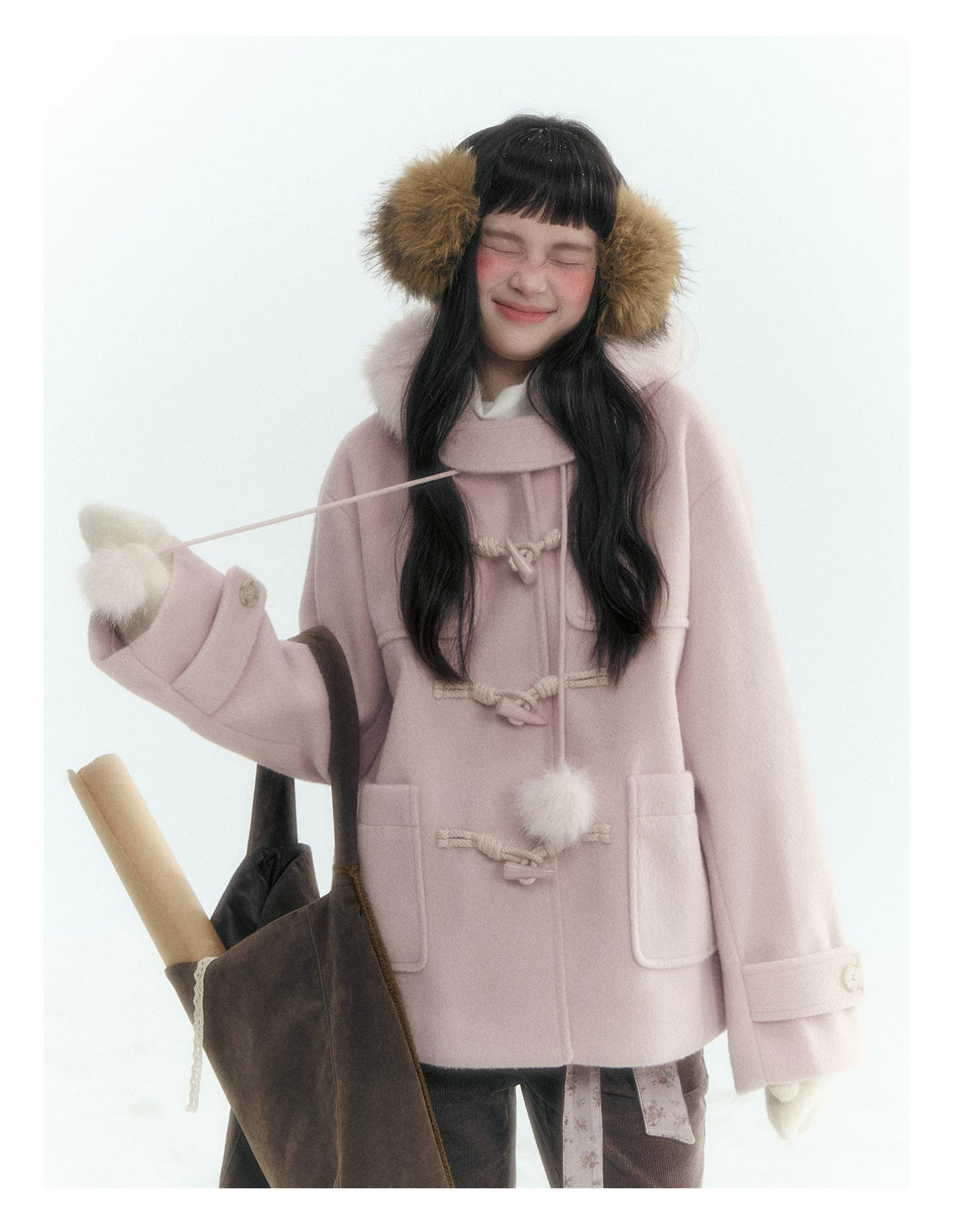 Horridale - Preppy Hooded Wool-Blend Duffle Coat with Pom-Pom Details – Mist Pink