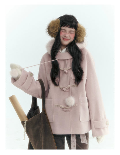 Horridale - Preppy Hooded Wool-Blend Duffle Coat with Pom-Pom Details – Mist Pink