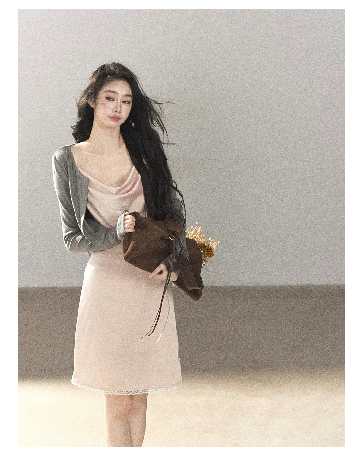 AOMALM - Glacier Pink Satin Cami & Skirt Set with Paris Gray Knit Cardigan