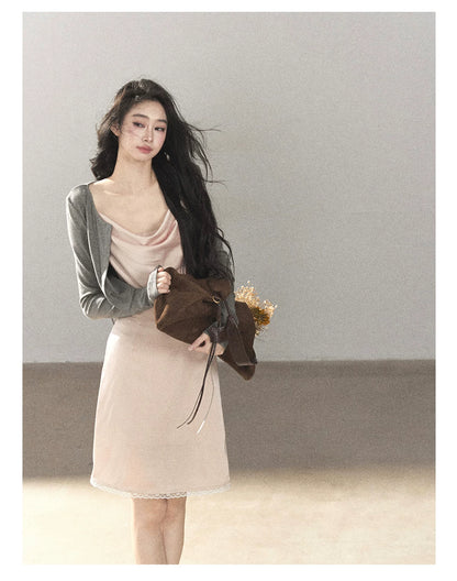 AOMALM - Glacier Pink Satin Cami & Skirt Set with Paris Gray Knit Cardigan