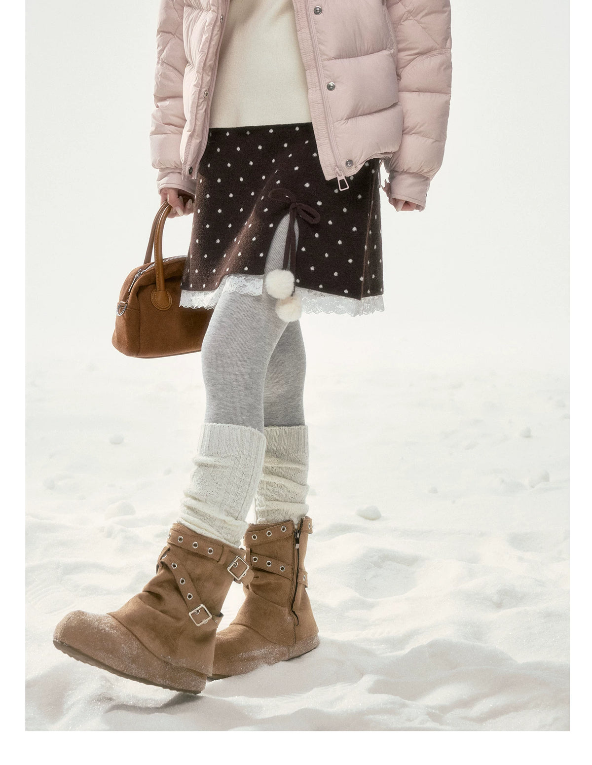 BIBIBENCY - Brown Polka Dot A-Line Knit Skirt with Bow Details