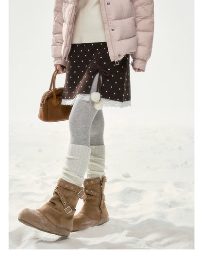 BIBIBENCY - Brown Polka Dot A-Line Knit Skirt with Bow Details