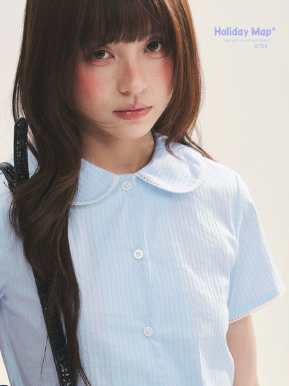 "Citrus Sea Salt" Stripe Lace Peter Pan Collar Pleated Shirt (White Blue / Blue White)