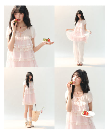 [CAN] "Peach Mist Sorbet" Pink Lace Chiffon Dress Set