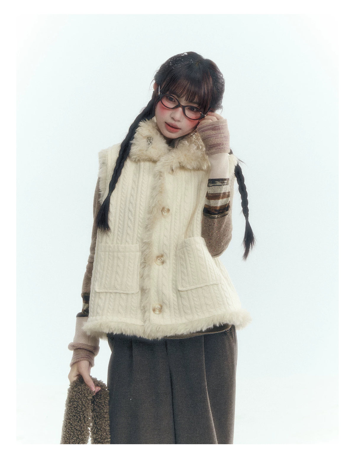 Horridale - Cream Beige Reversible Knit Vest with Detachable Bow