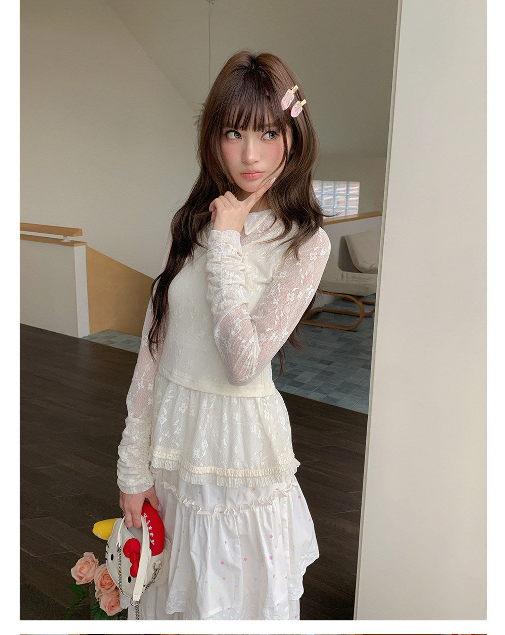 “Soft Veil Sonata” Apricot Layered Lace Mesh Top