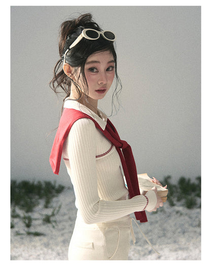 “Delhi Academy” Ivory Polo Knit Set with Angora Red Scarf
