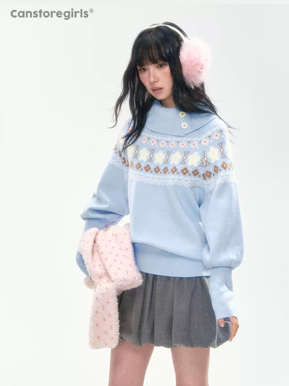[CAN] Light Blue Floral Fair Isle Knit Sweater