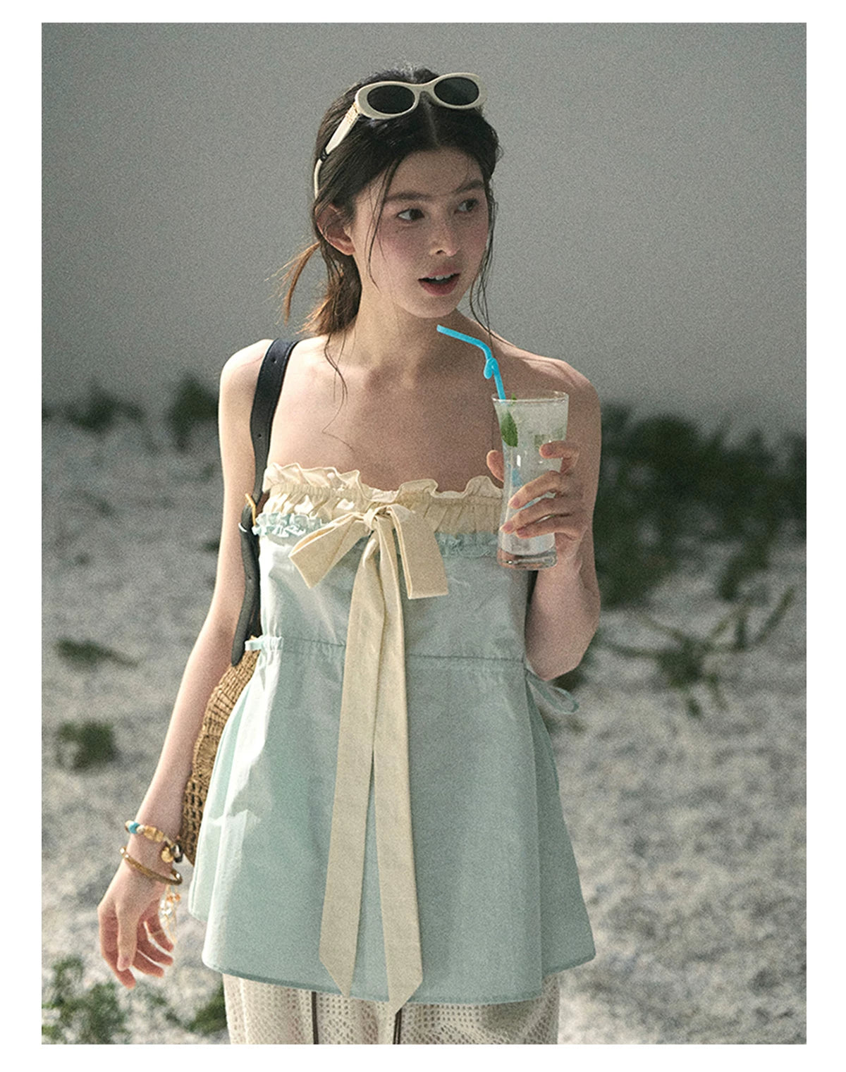 “Blue Whispers on Ivory” Mint Ruffle Bustier Top