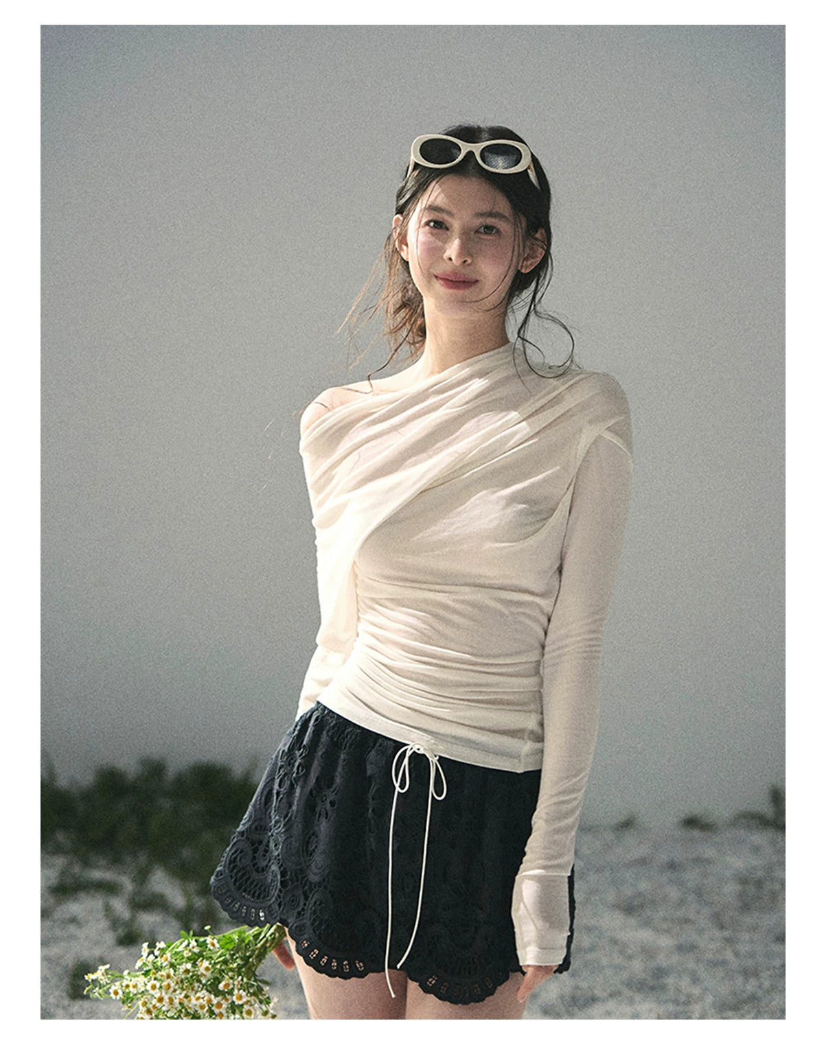 “Where Shadow Walks Beside Light” Milk Apricot Asymmetrical Top