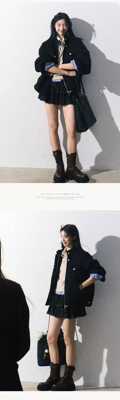 OAKMOO/ "Plum Blossom Mood" Classic Black Wool-Blend Harrington Jacket
