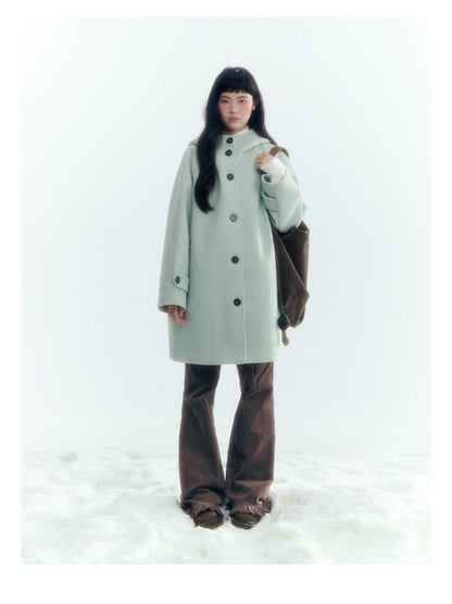 Pale Aqua Green Hooded Cocoon Wool-Blend Coat