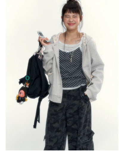 “Blooming Reverie” Light Heather Gray Floral Hooded Cardigan Sweatshirt
