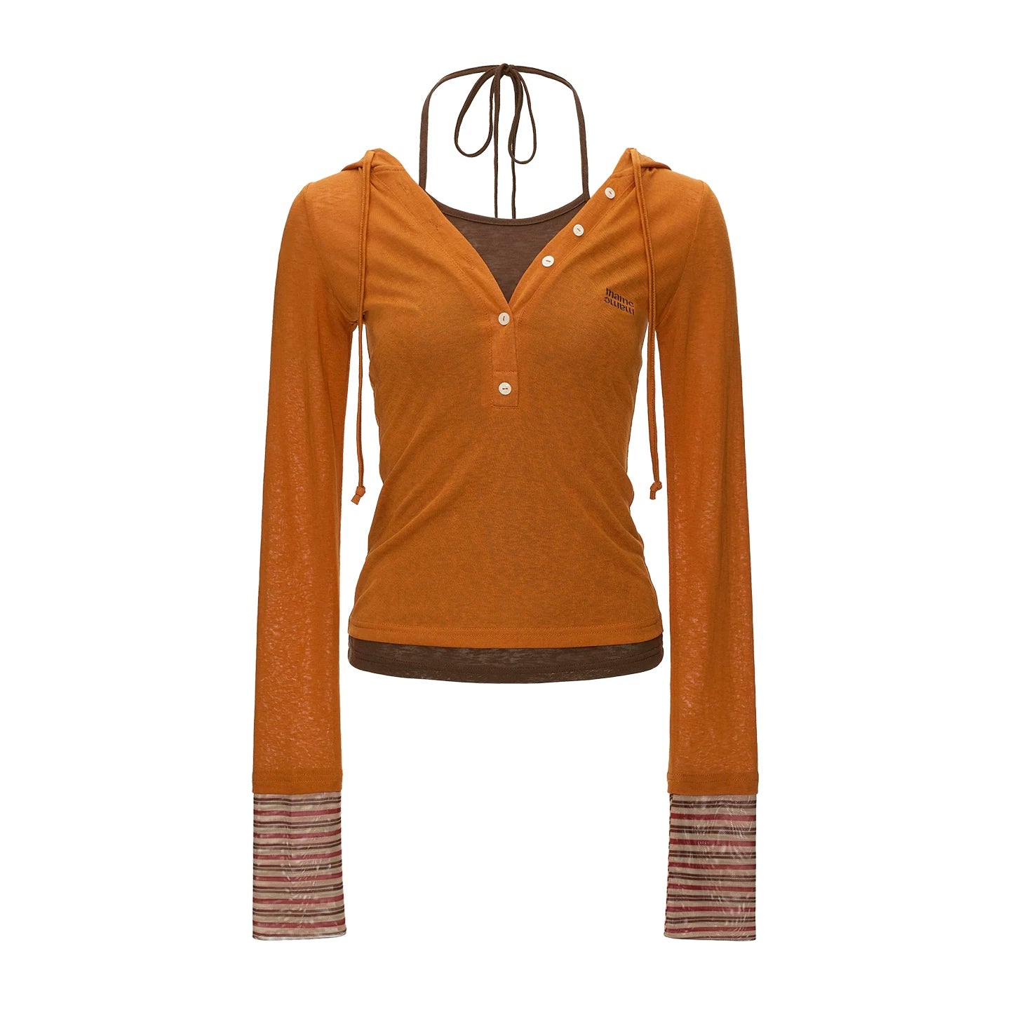 Layered Hooded Henley Long Sleeve Top (Grey/ Orange)