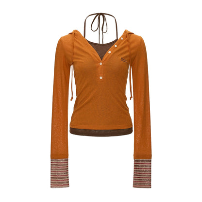 Layered Hooded Henley Long Sleeve Top (Grey/ Orange)
