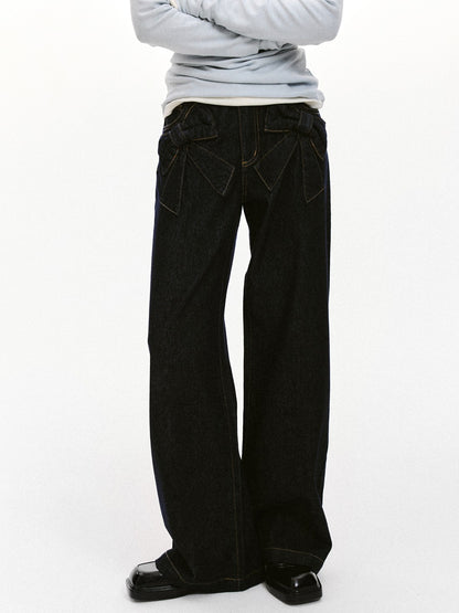 “Bow Pocket Wash” Wide-Leg Loose Denim Jeans - Denim ML6661