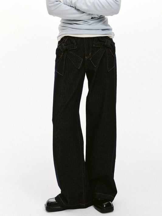 “Bow Pocket Wash” Wide-Leg Loose Denim Jeans - Denim ML6661