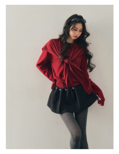 040126 "Orlane Academy" American Preppy Knit Top & Shawl Set - Angora Red