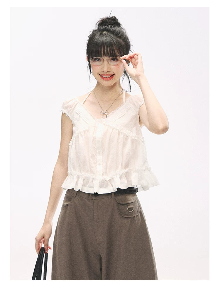 "French Meadow Romance" Ivory Lace Trim Halter Tie V-Neck Cotton Blouse